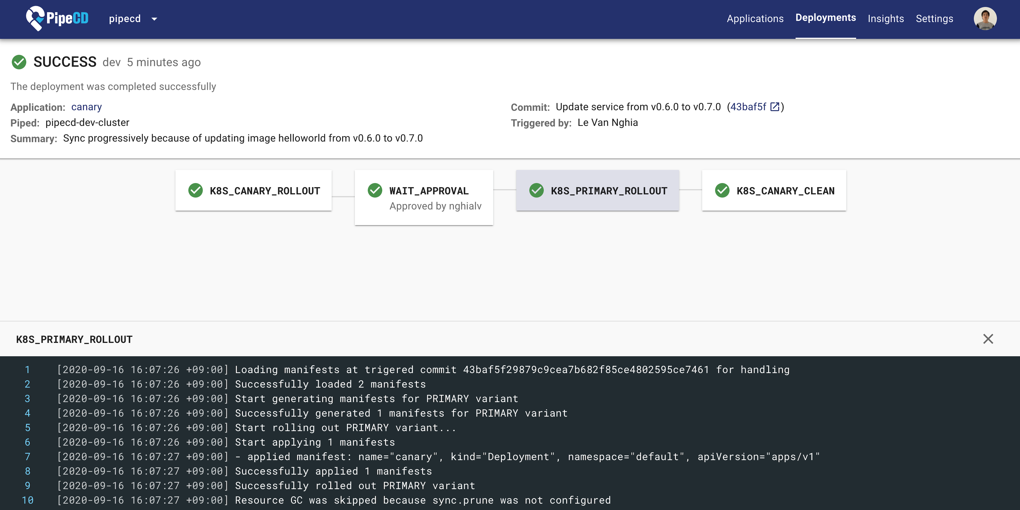 A screenshot of a running deployment on the Deployment Details Page